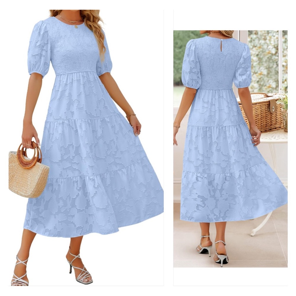 Short Puff Sleeve Crewneck Smocked Floral Lace Flowy A Line Tiered Maxi Dresses